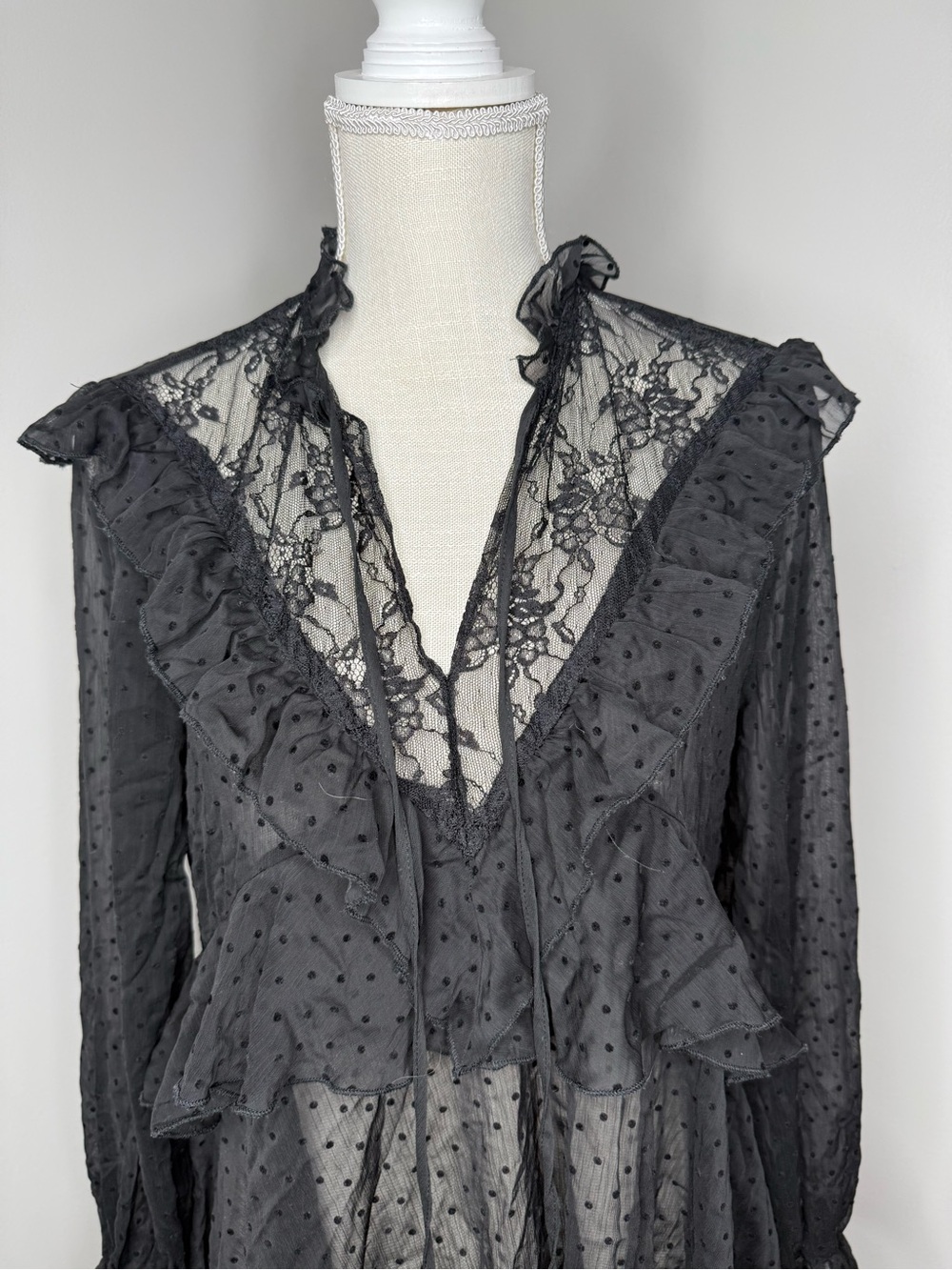 Zara Black Sheer Polka-Dot Ruffle Blouse - Picture 2 of 7